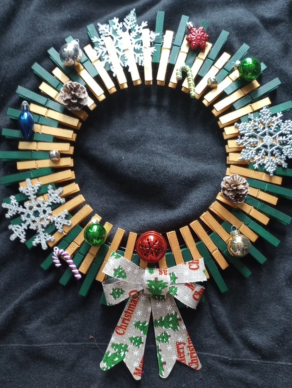 Handmade Christmas Clothespin Wreath with Green and Gold Accents